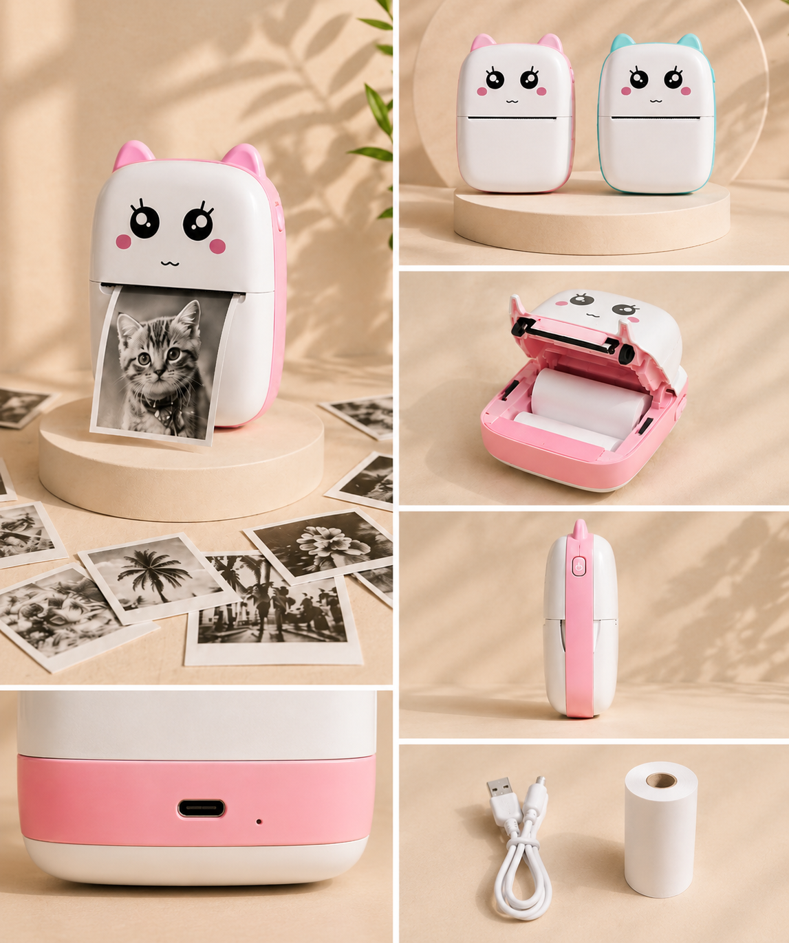 Mini Impresora Térmica Kawaii 🐱 + Papel Térmico | Sin Tinta | Bluetooth