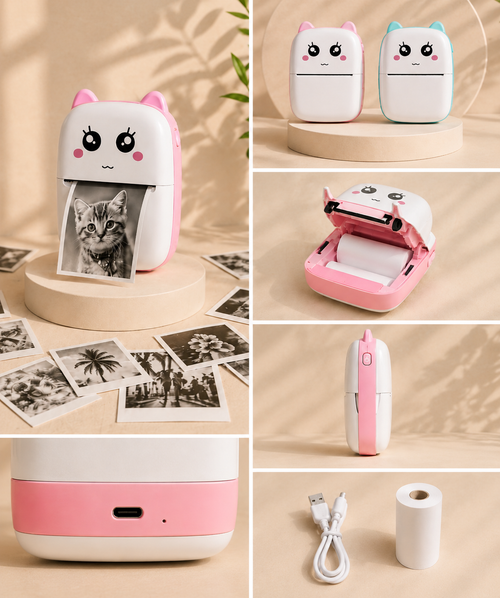 Mini Impresora Térmica Kawaii 🐱 + Papel Térmico | Sin Tinta | Bluetooth