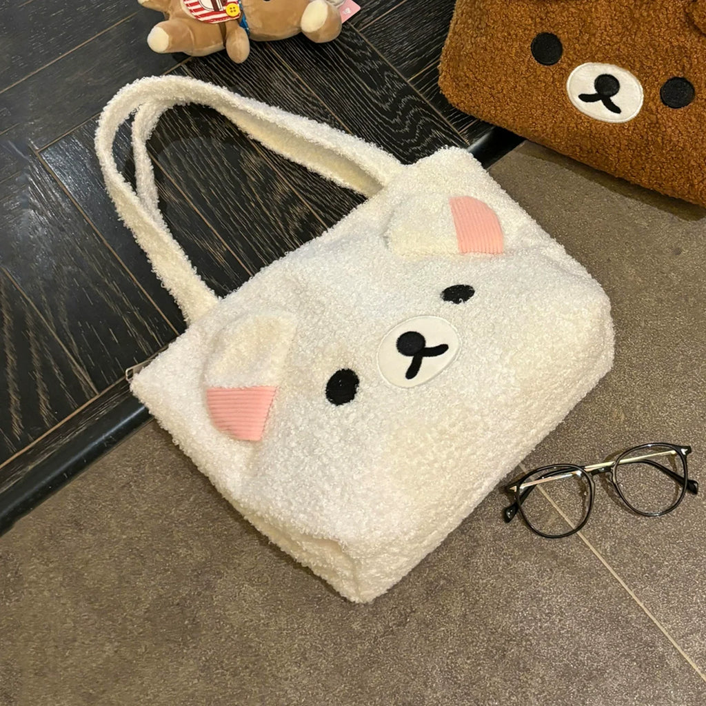 Rilakkumaed Cute Bear Plush Tote Bag for Women Soft Large Capacity Shoulder Bag Winter Commuting Handbag Gifts for Girls